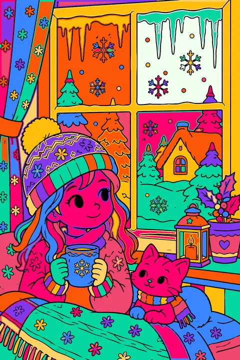 Frozen window frame with snowflakes and icicles hanging outside coloring page