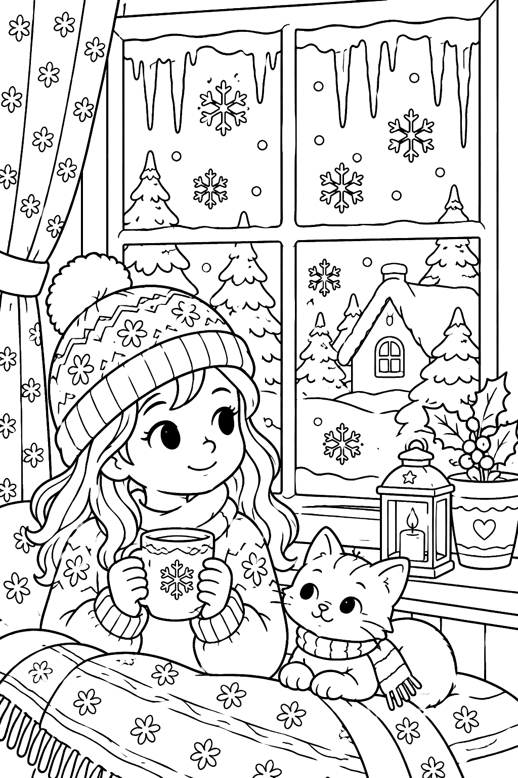 Frozen window frame with snowflakes and icicles hanging outside coloring page