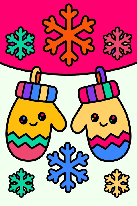 Pair of mittens catching big snowflakes on a string coloring page