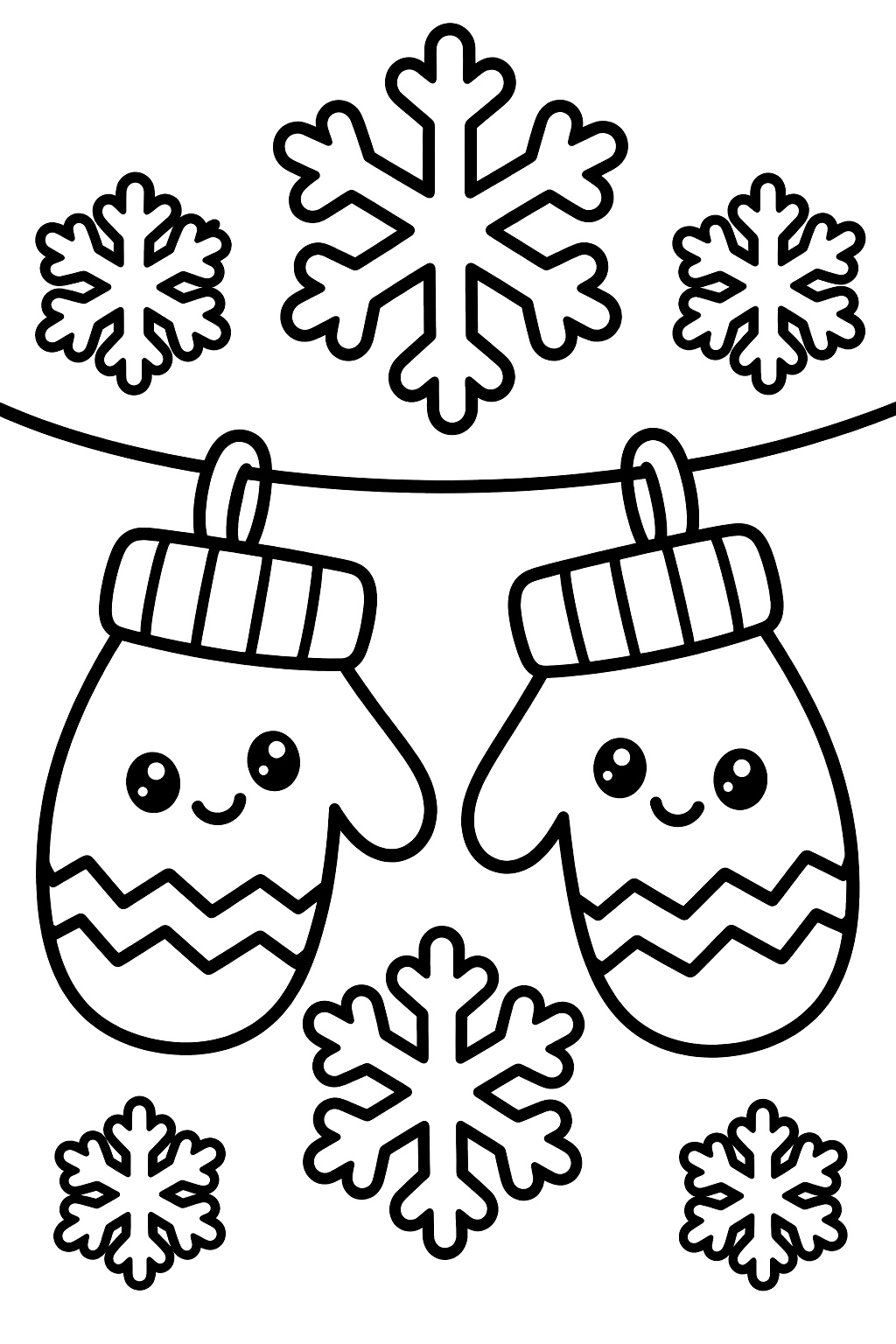 Pair of mittens catching big snowflakes on a string coloring page