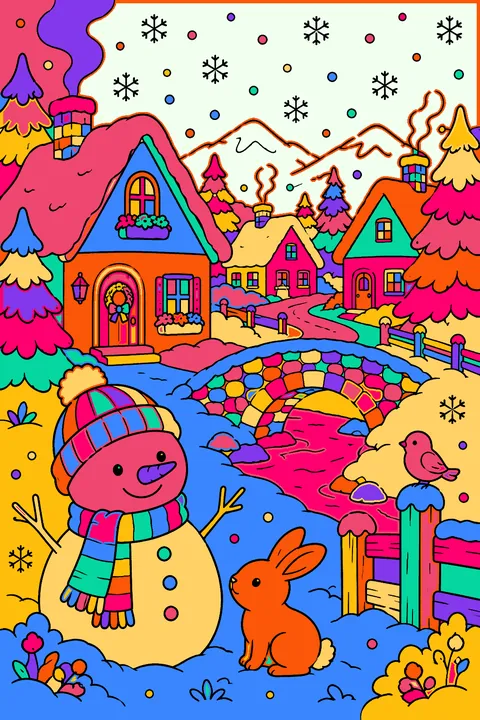 Snowflakes falling over a small village with cozy cottages coloring page