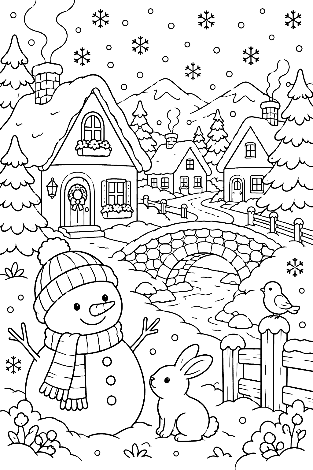 Snowflakes falling over a small village with cozy cottages coloring page