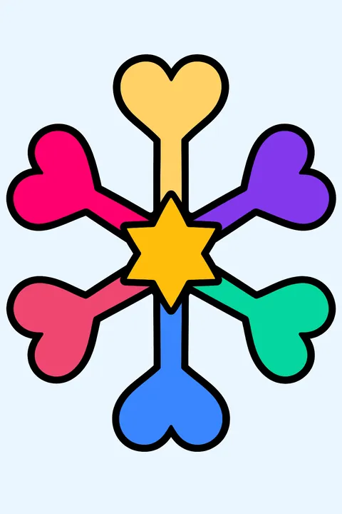 Star shaped snowflake with heart shapes on each arm coloring page