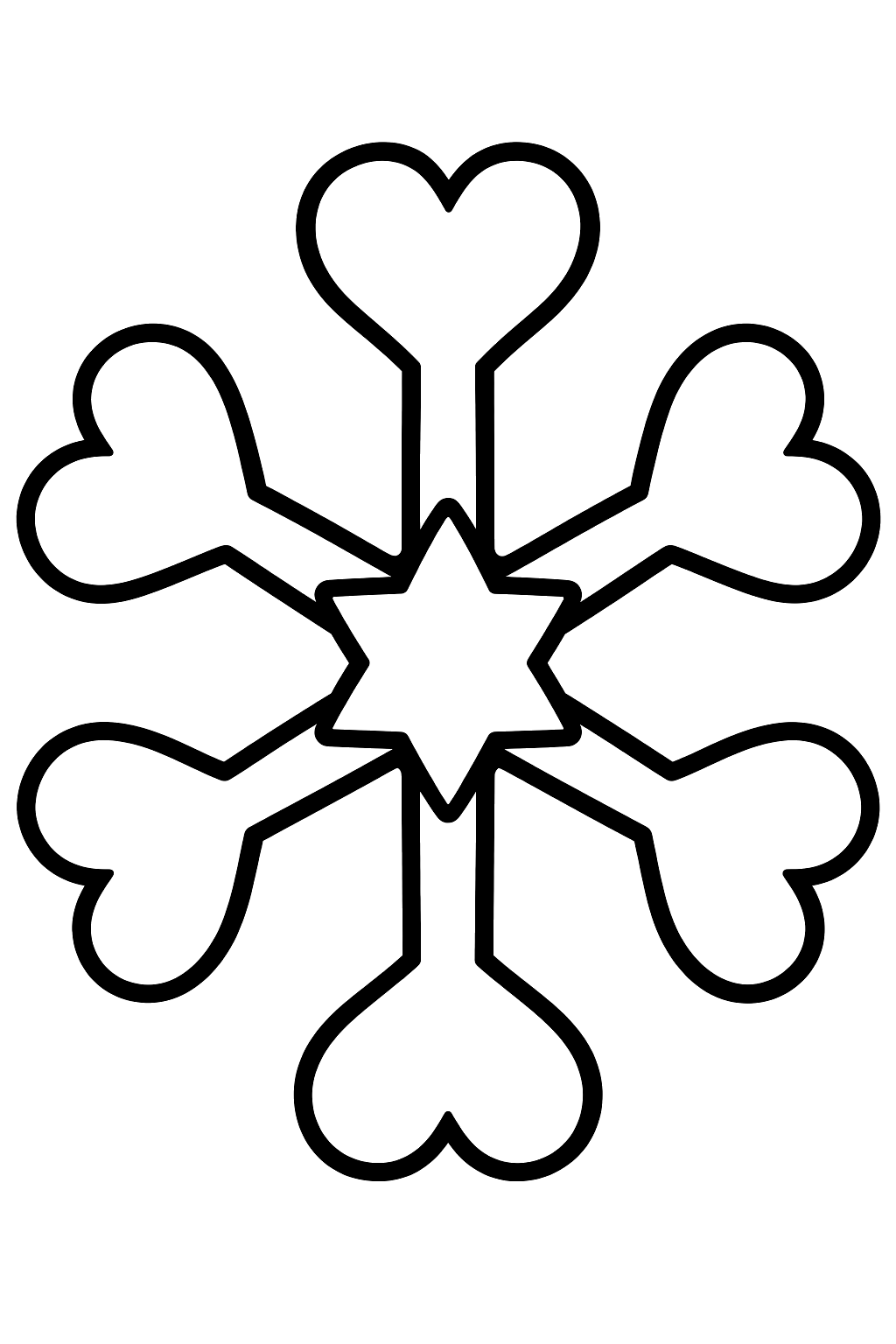 Star shaped snowflake with heart shapes on each arm coloring page