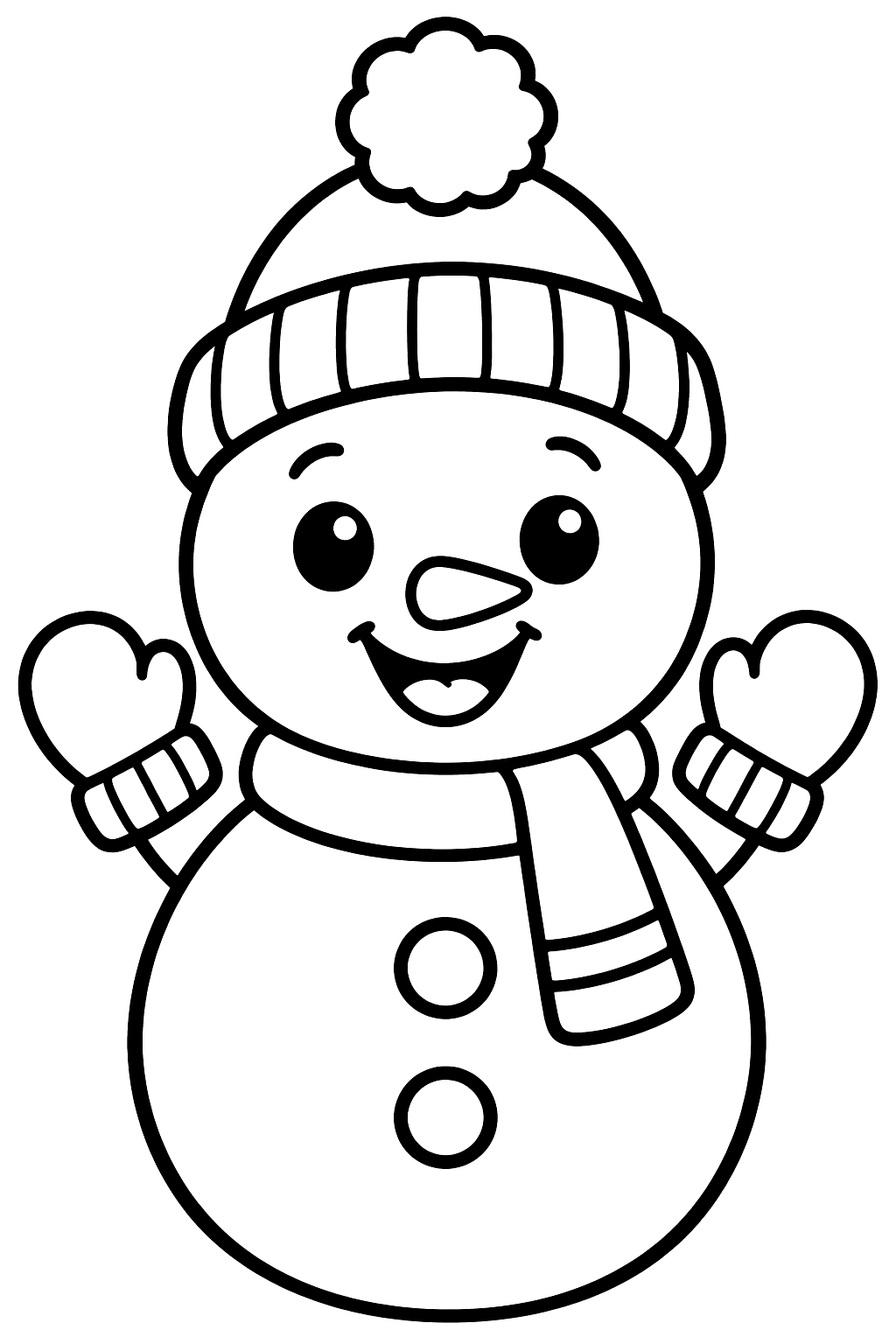 Baby snowman wearing a tiny knit hat and matching mittens coloring page