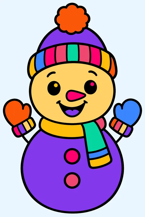 Baby snowman wearing a tiny knit hat and matching mittens coloring page
