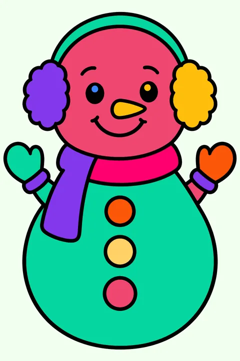 Chubby snowman wearing fluffy earmuffs with three big buttons coloring page