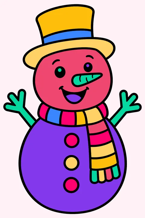 Happy snowman with a carrot nose, top hat and striped scarf coloring page