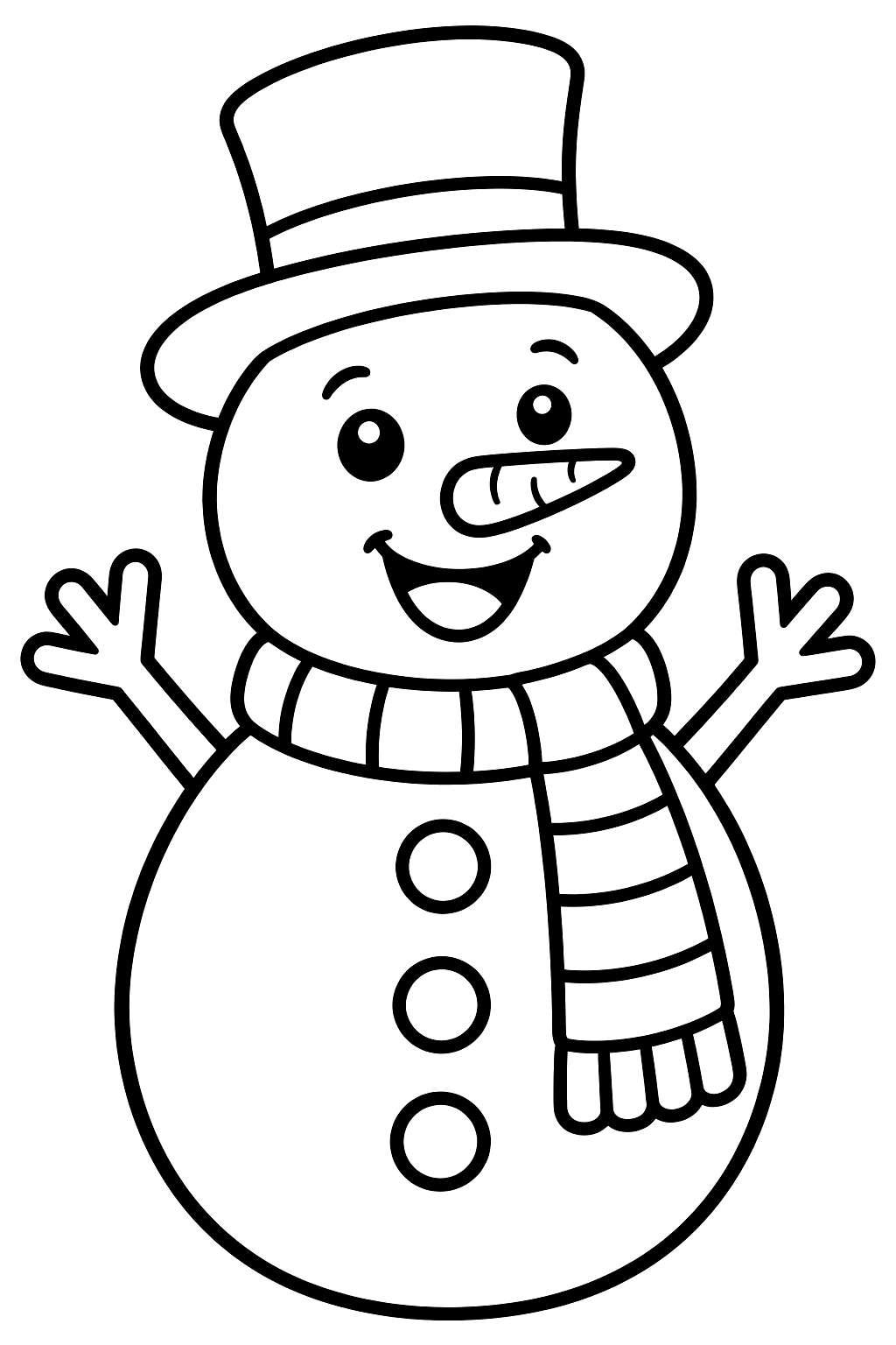 Happy snowman with a carrot nose, top hat and striped scarf coloring page
