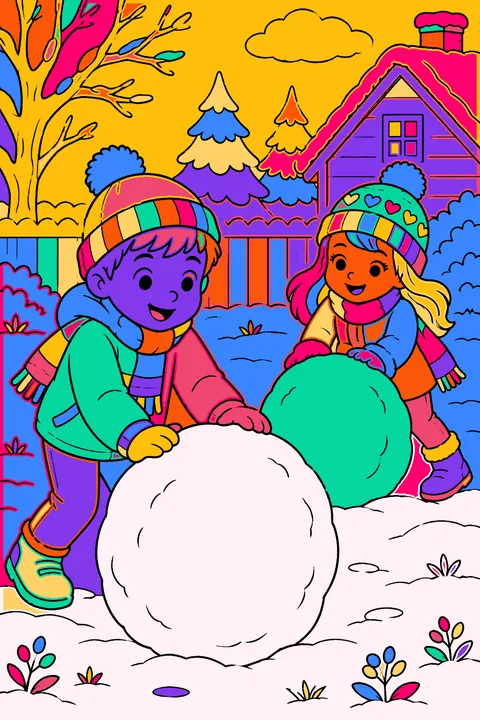 Two kids rolling giant snowballs to build a snowman in a yard coloring page