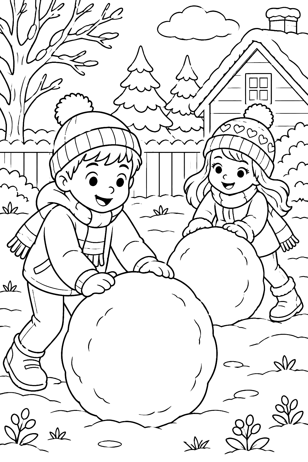 Two kids rolling giant snowballs to build a snowman in a yard coloring page
