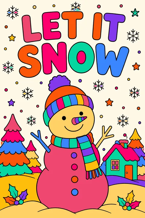 Big outline letters spelling let it snow with a smiling snowman below coloring page
