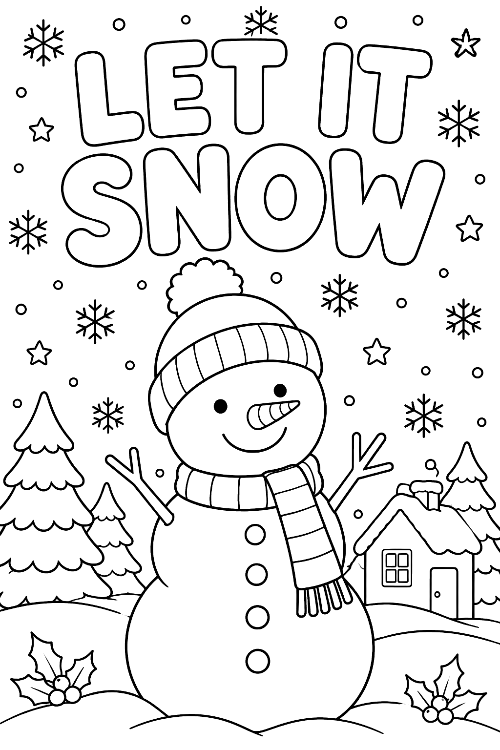 Big outline letters spelling let it snow with a smiling snowman below coloring page