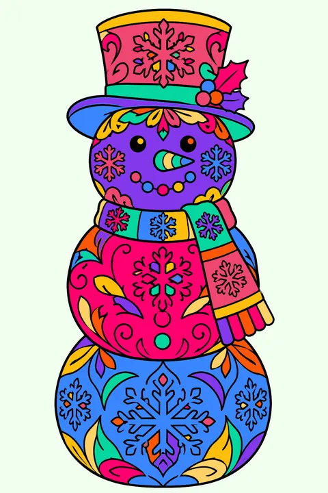 Snowman made of ornate patterned snowballs with lace-like snowflake decorations coloring page
