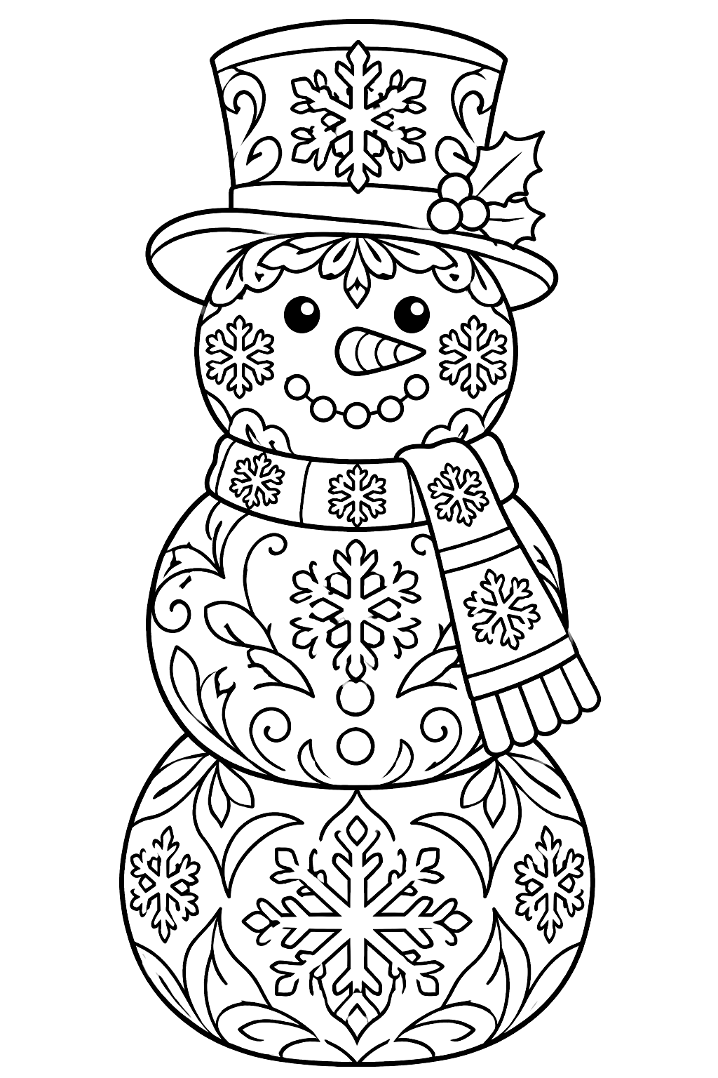 Snowman made of ornate patterned snowballs with lace-like snowflake decorations coloring page