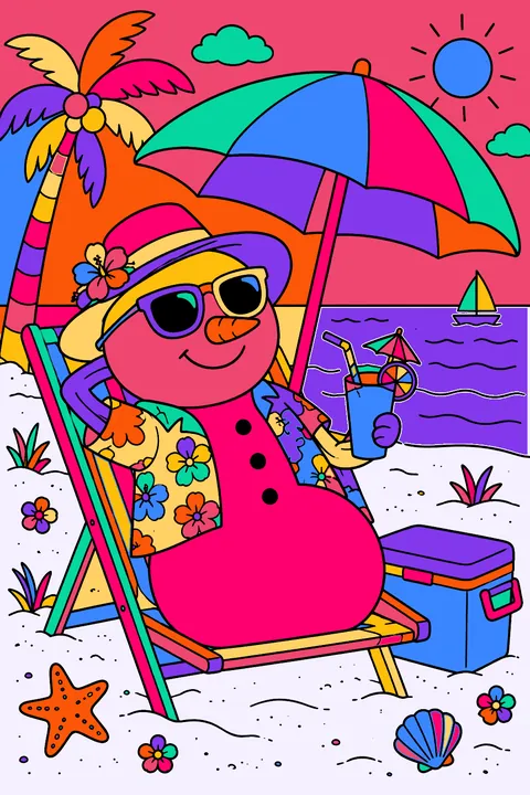 Snowman relaxing under a beach umbrella with sunglasses and a cooler coloring page