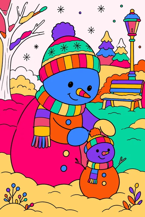Snowman building a tiny snowman friend in a snowy park coloring page