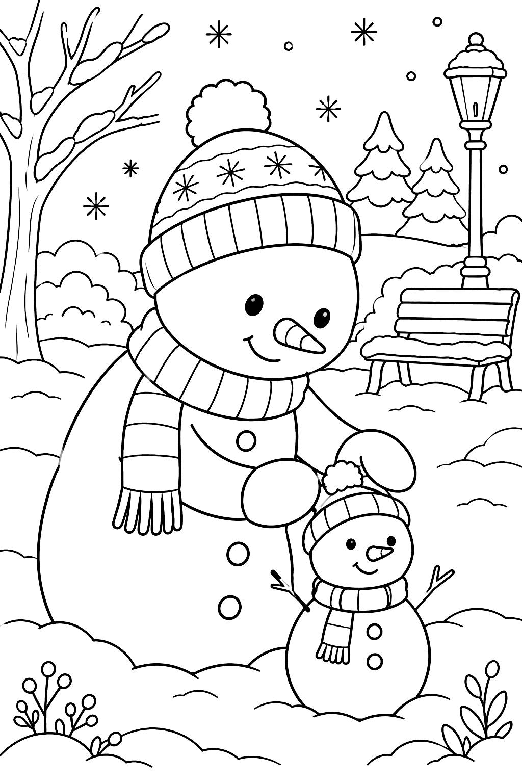 Snowman building a tiny snowman friend in a snowy park coloring page