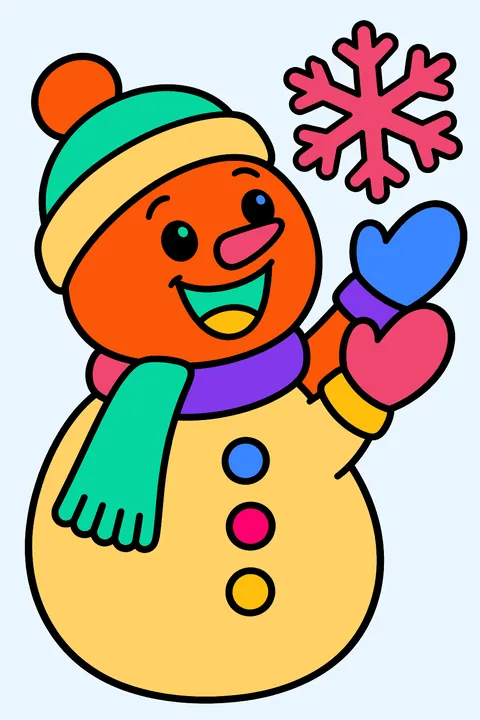 Snowman with a big smile catching a large snowflake coloring page