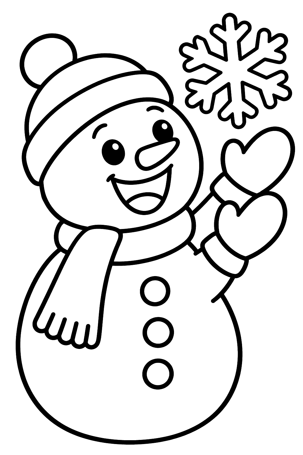 Snowman with a big smile catching a large snowflake coloring page