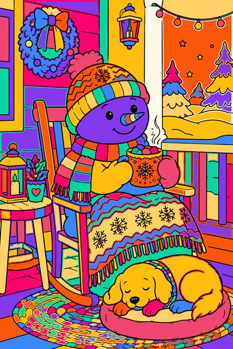 Snowman sipping hot cocoa on a cozy porch next to a sleepy dog coloring page