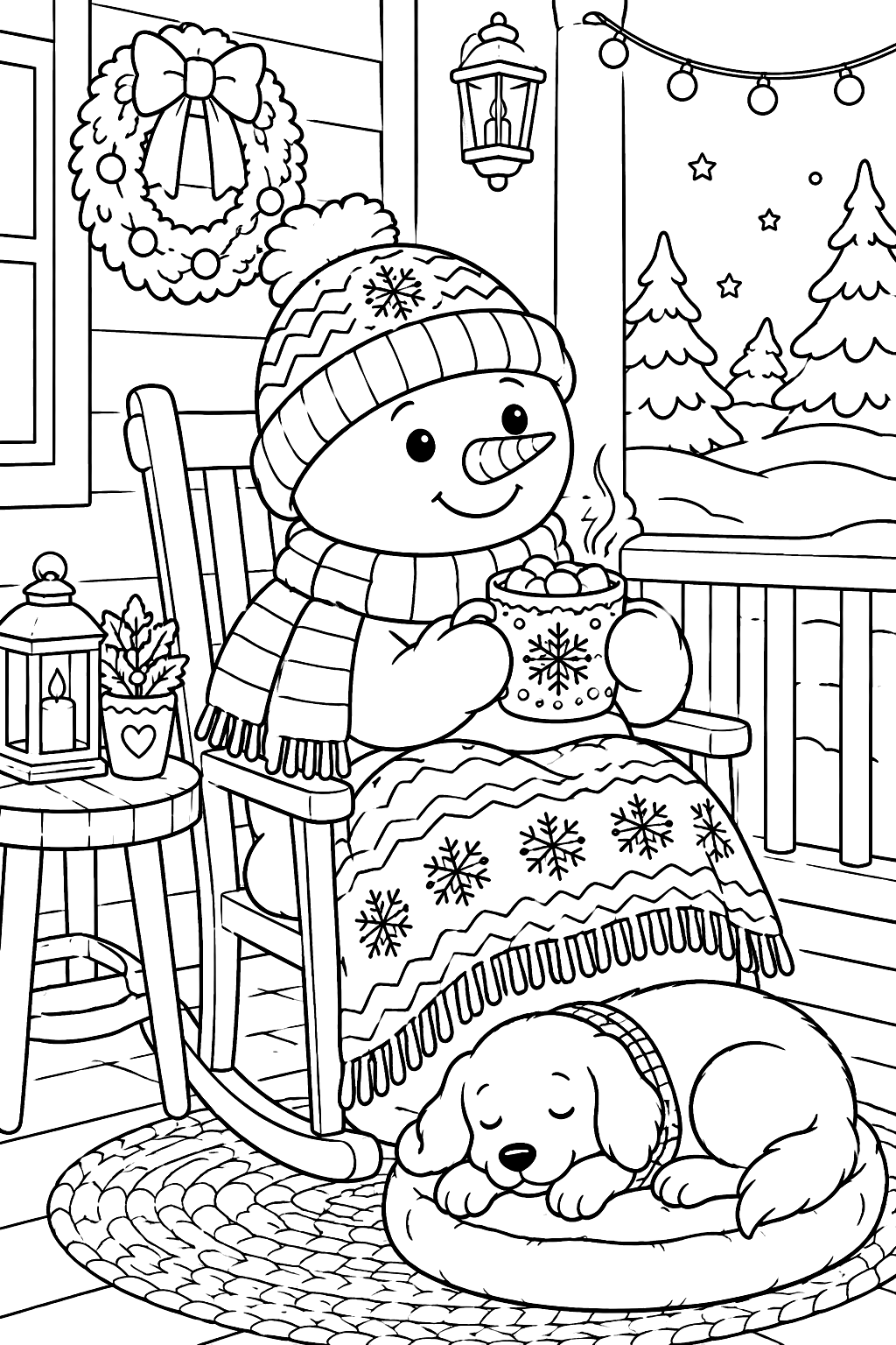 Snowman sipping hot cocoa on a cozy porch next to a sleepy dog coloring page