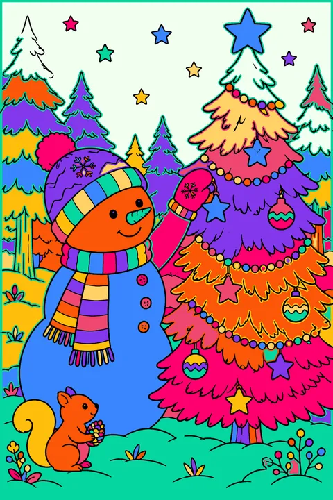 Snowman decorating a pine tree in the forest with stars and garland coloring page