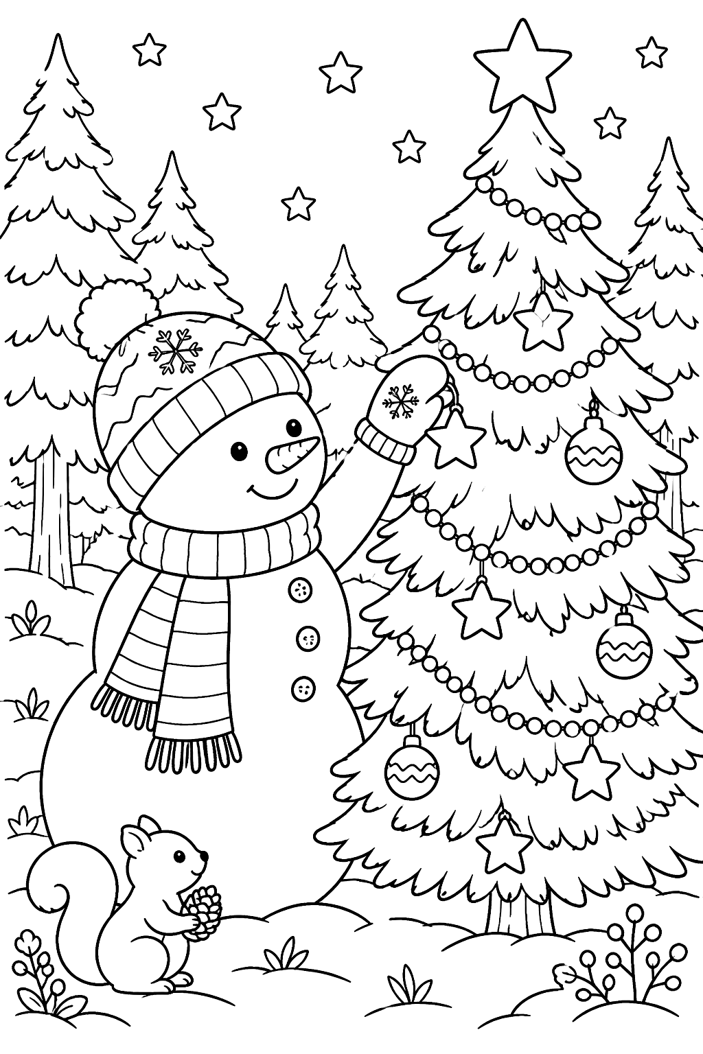 Snowman decorating a pine tree in the forest with stars and garland coloring page