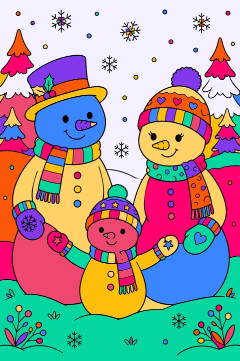 Snowman family of three holding mittened hands under falling snowflakes coloring page
