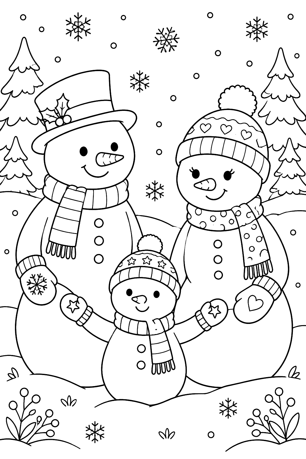 Snowman family of three holding mittened hands under falling snowflakes coloring page