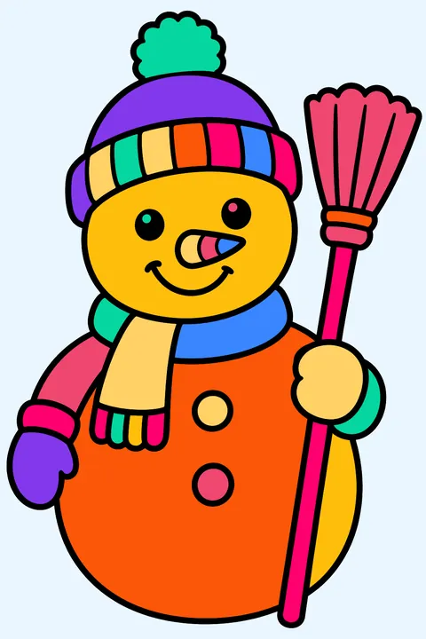 Snowman in a knitted hat holding a straw broom coloring page
