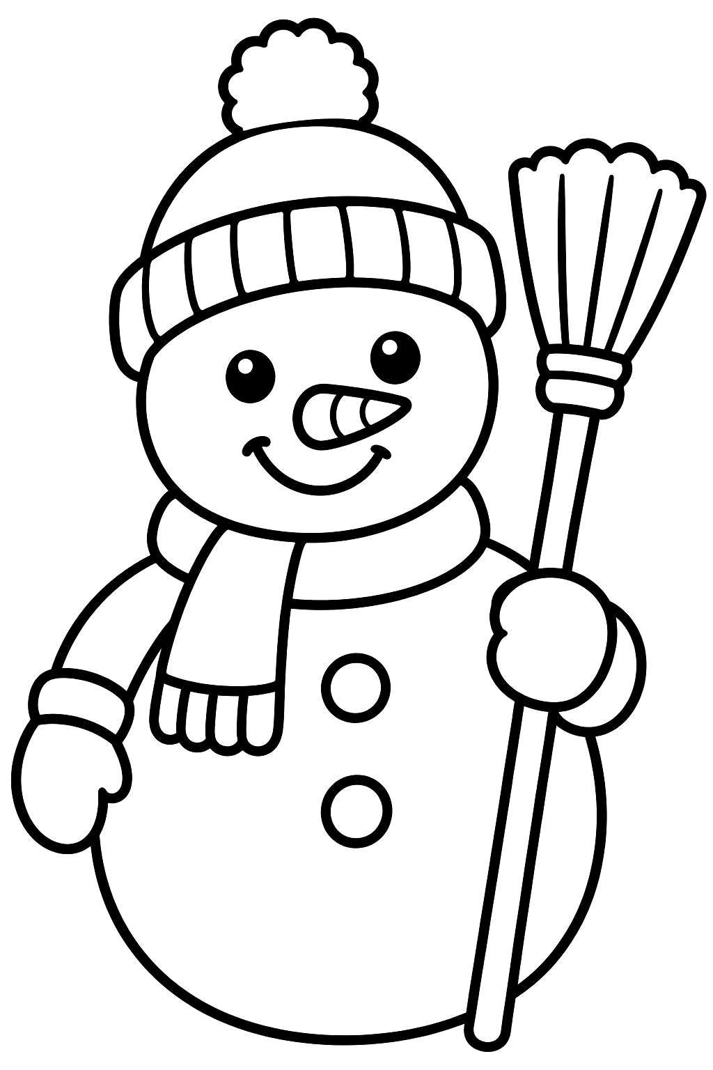 Snowman in a knitted hat holding a straw broom coloring page