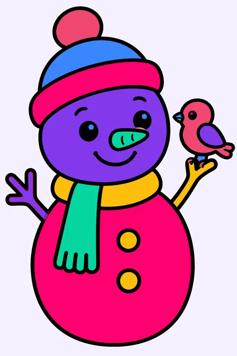 Little snowman holding a small bird on its twig hand coloring page