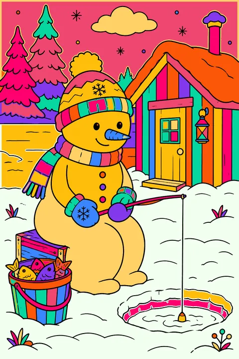 Snowman ice fishing through a hole beside a small wooden hut coloring page
