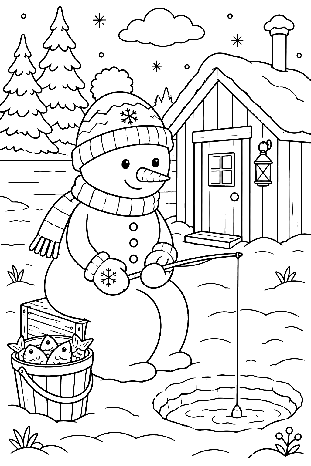 Snowman ice fishing through a hole beside a small wooden hut coloring page