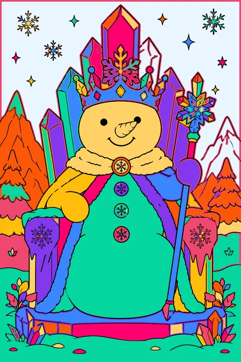 Snowman king sitting on an ice throne wearing a snowflake crown coloring page