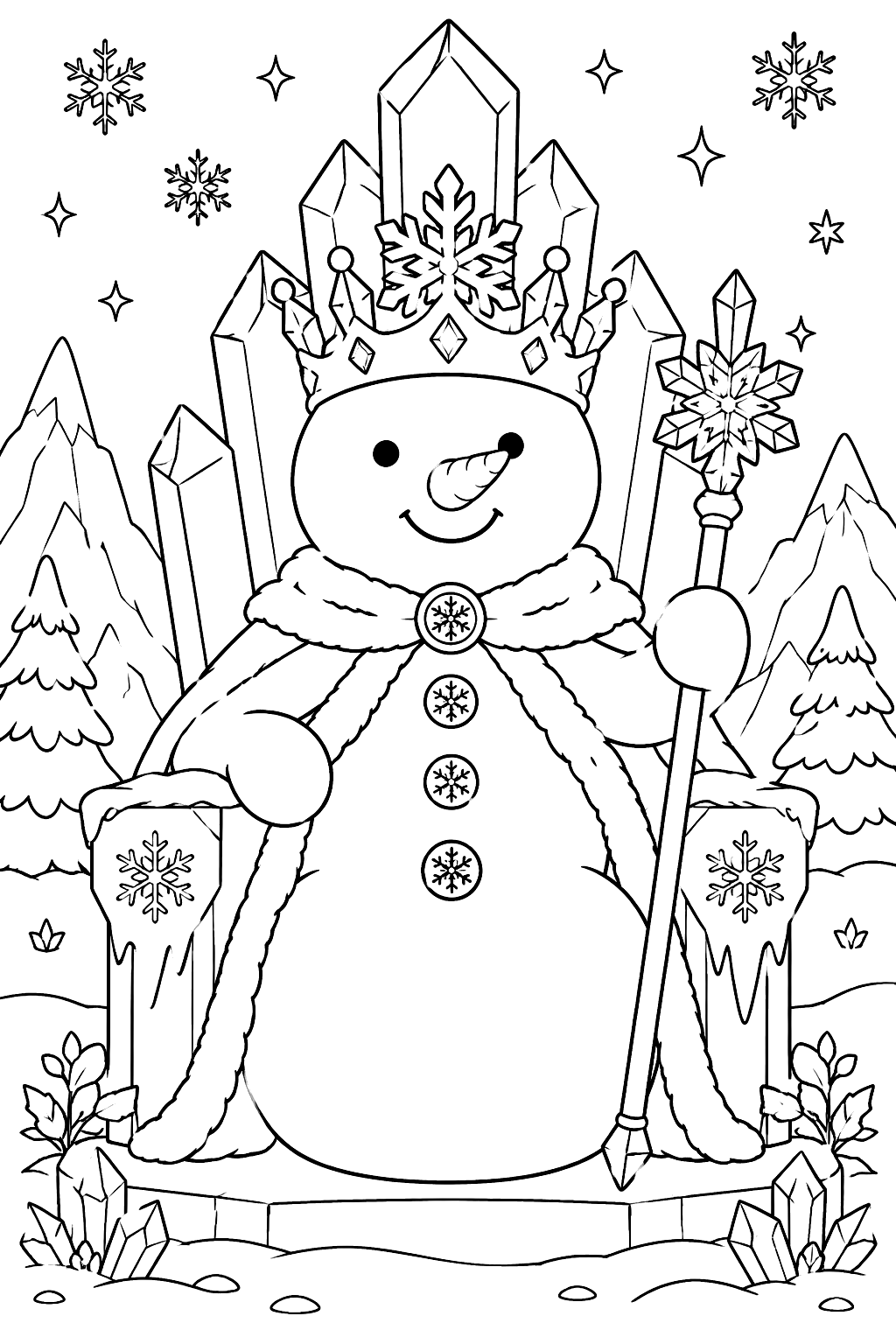 Snowman king sitting on an ice throne wearing a snowflake crown coloring page