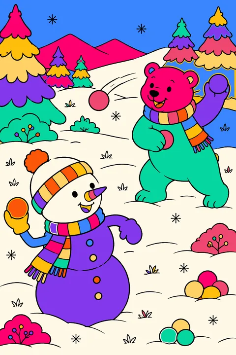 Snowman and a polar bear having a snowball fight in a snowy meadow coloring page