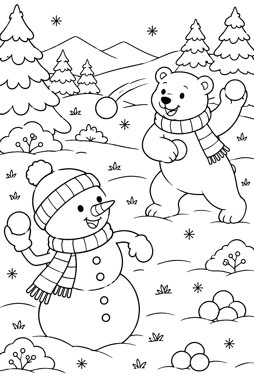 Snowman and a polar bear having a snowball fight in a snowy meadow coloring page