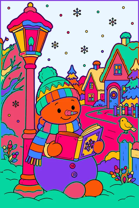 Snowman reading a storybook under an old lamppost on a snowy street coloring page