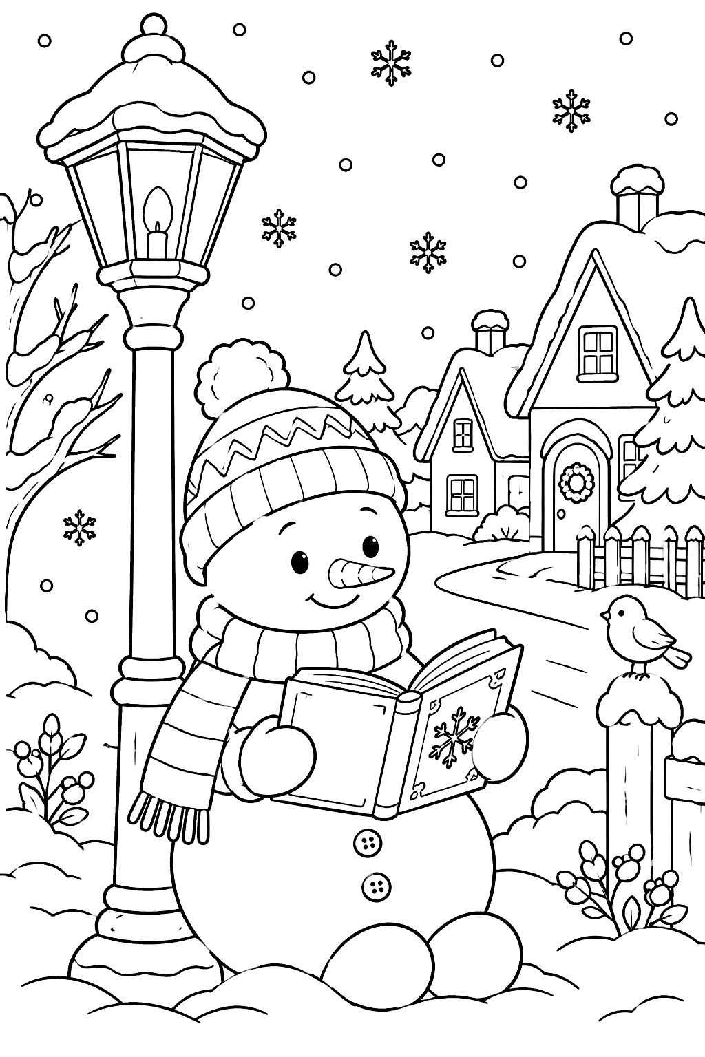 Snowman reading a storybook under an old lamppost on a snowy street coloring page