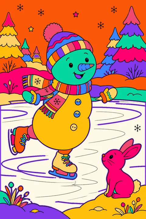 Snowman ice skating on a frozen pond beside a curious rabbit coloring page