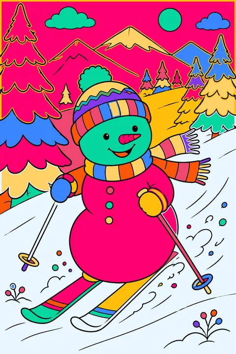 Snowman skiing down a mountain slope past tall pine trees coloring page
