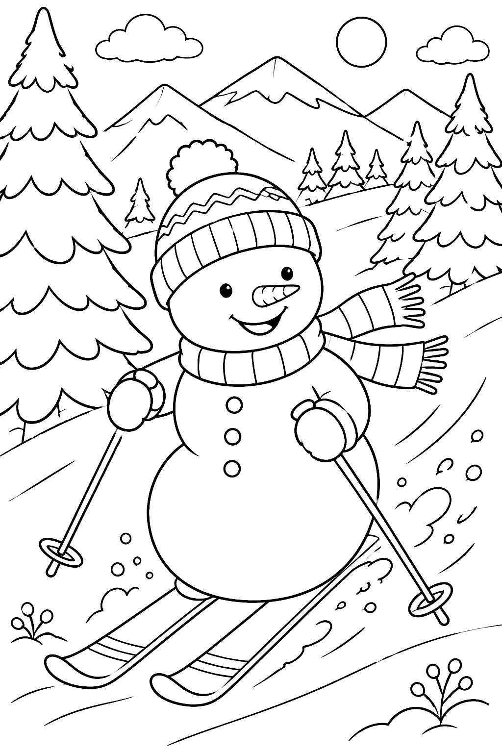 Snowman skiing down a mountain slope past tall pine trees coloring page