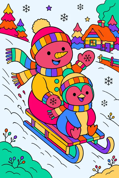 Snowman sledding down a hill on a wooden sled with a penguin coloring page