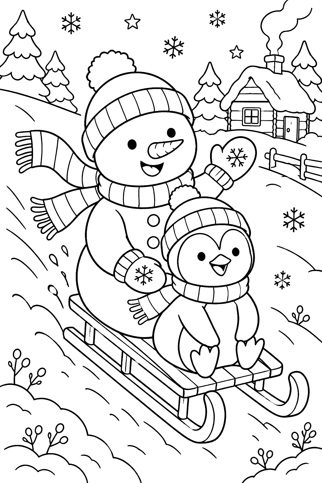 Snowman sledding down a hill on a wooden sled with a penguin coloring page