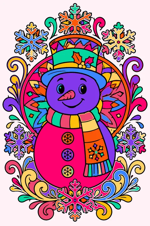 Snowman portrait surrounded by intricate snowflake mandala patterns and ornate swirls coloring page