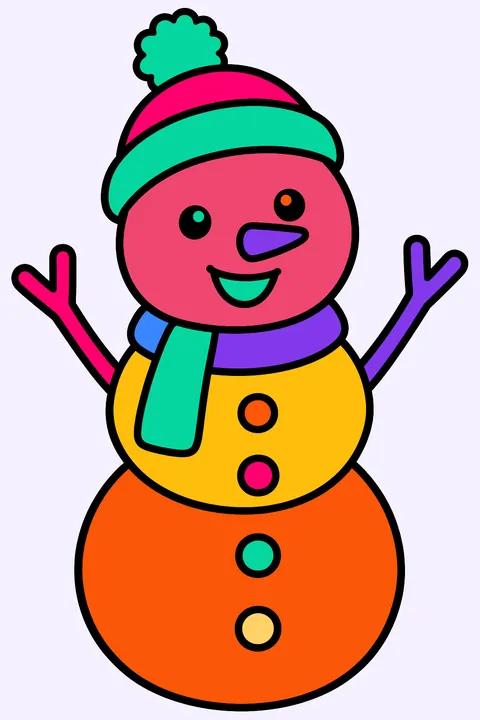 Snowman waving its stick arms and wearing a pom pom hat coloring page