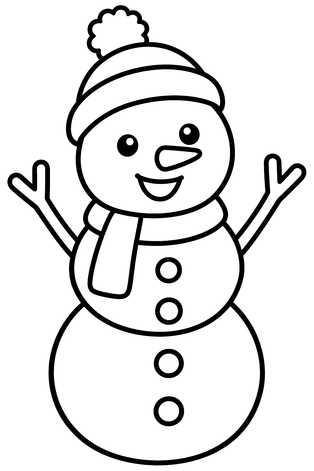 Snowman waving its stick arms and wearing a pom pom hat coloring page