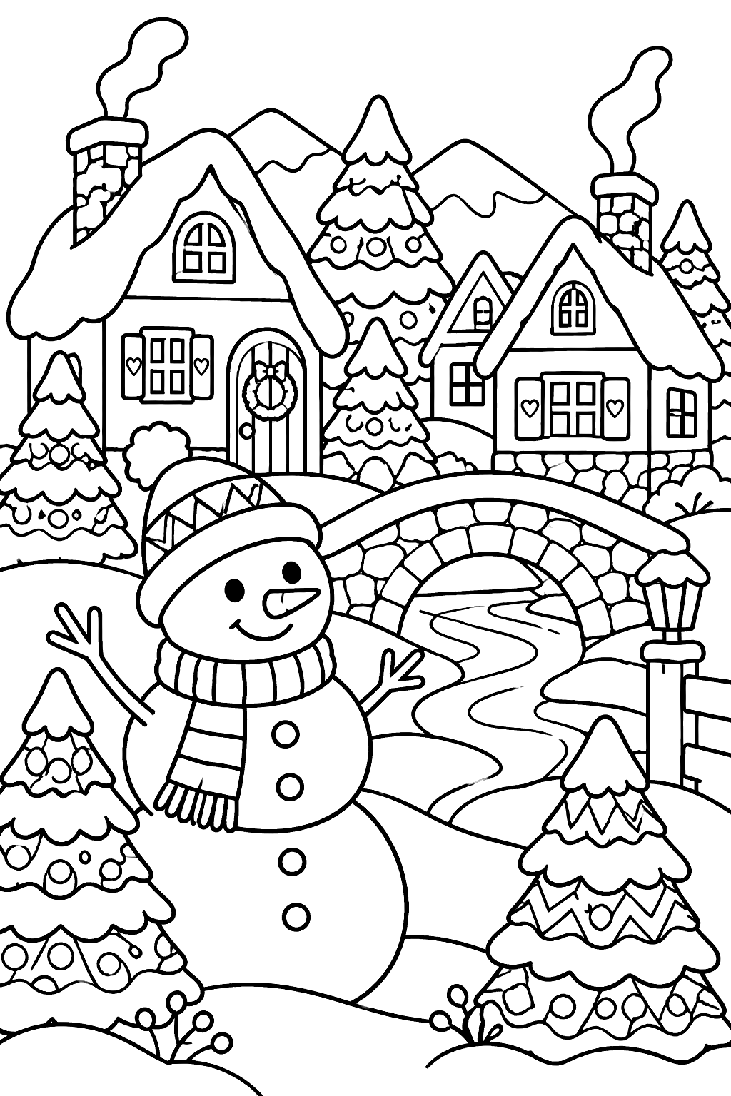 Detailed winter village with a snowman, cozy cottages and patterned pine trees coloring page